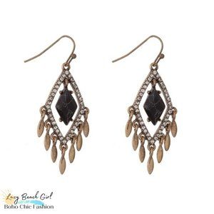 Black Stone Gold Fringe Earrings